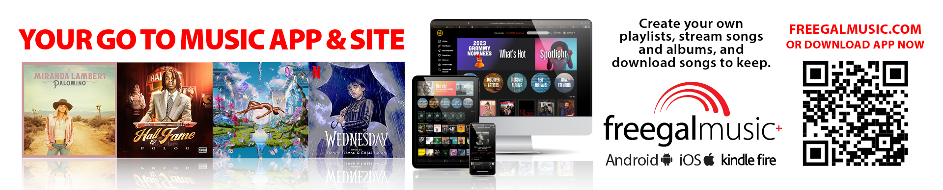 MPHPL Freegal Music A person holding a smartphone with the Freegal app open. ‘Your go to Music site. Create your own playlist, stream songs and albums, and download songs to keep. Download the app now.’