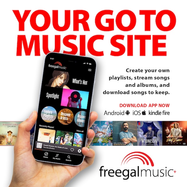 MPHPL Freegal Music A person holding a smartphone with the Freegal app open. ‘Your go to Music site. Create your own playlist, stream songs and albums, and download songs to keep. Download the app now.’