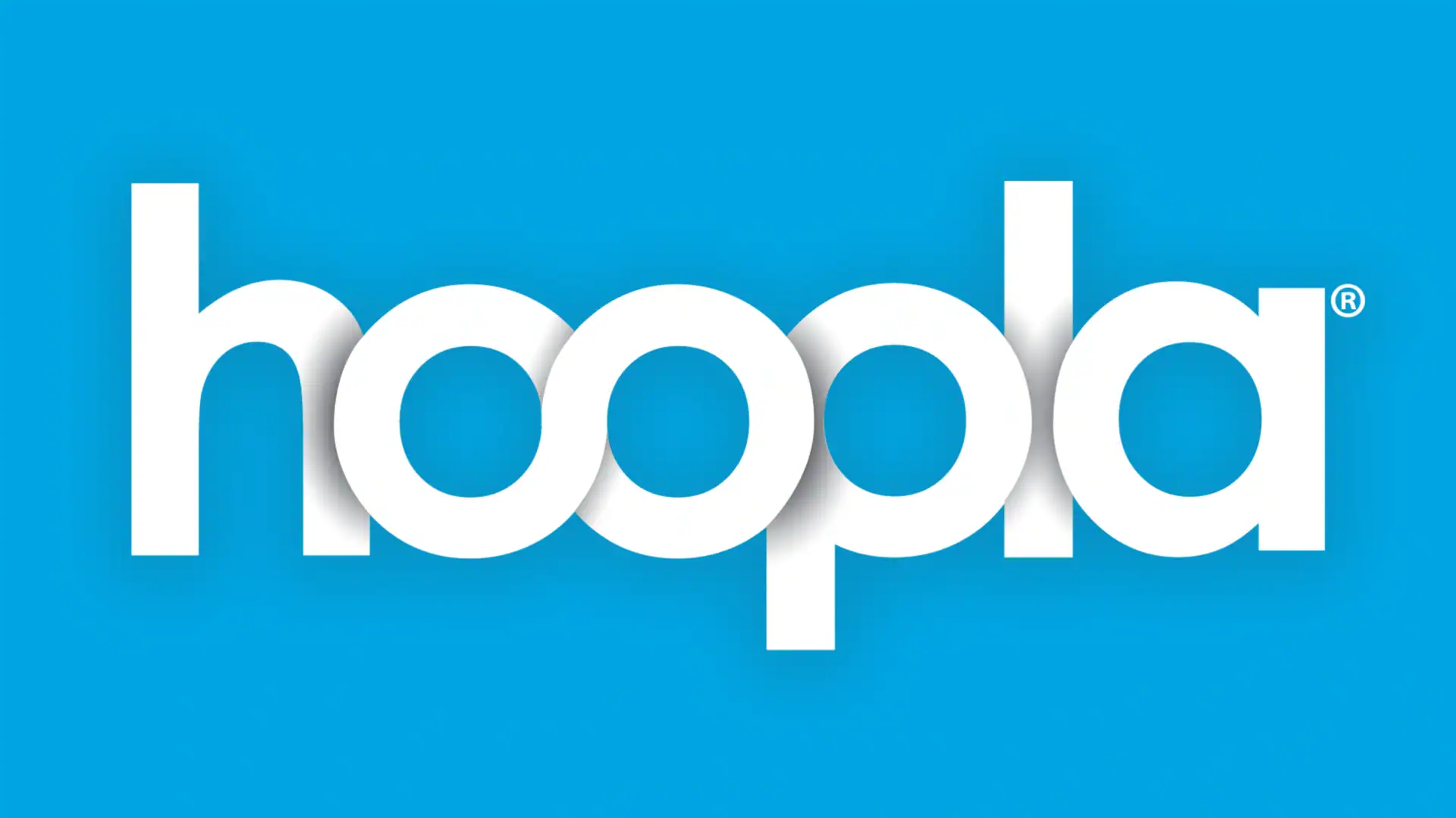 White 'hoopla' logo in lowercase, bold font on a vibrant blue background, conveying a modern and dynamic feel.