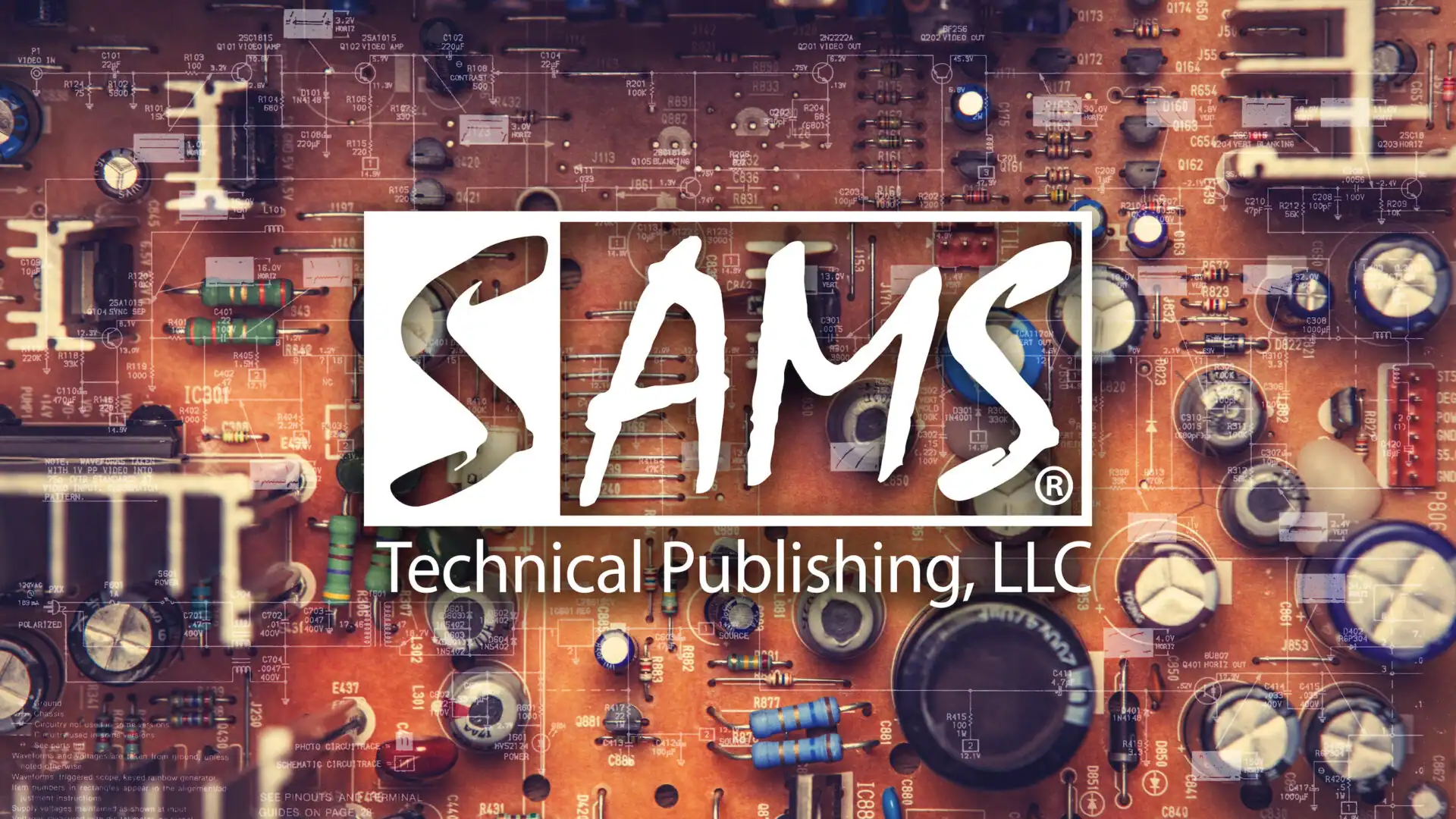 Logo for SAMS Technical Publishing, LLC displayed over a close-up image of an electronic circuit board; MPHPL cardholders have free access to the SAMS Technical Publishing website.