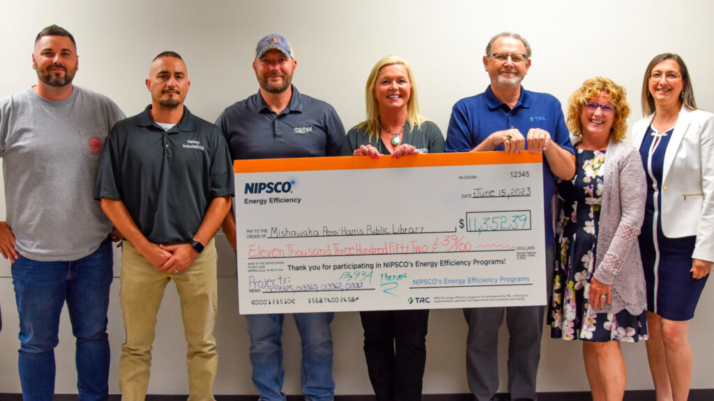 (Names - left to right) Andrew Regnier, business agent with Heat & Frost Insulators Local 75, Yancy Gradeless, Valley Insulating Co. Inc., Rick Rittenhouse, MPHPL maintenance manager, MPHPL operations manager Dena Wargo, and Kirby Dipert, Michele Abrell and Voskra Darnell all representing NIPSCO