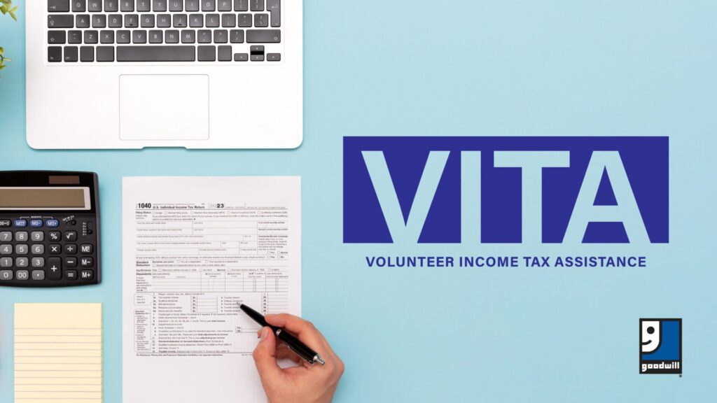 Computer, calculator, notepad a person’s hand holding a pen and a 2023 1040 tax form. Text image, ‘VITA VOLUNTEER INCOME TAX ASSISTANCE Get your taxes prepared for free through the IRS VITA program! Call (574) 800-1361 to see if you qualify and/or to schedule your appointment today! Tuesdays: February 6 - April 9 Mishawaka Library 209 Lincolnway East *By Appointment Only’