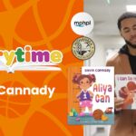 MPHPL logo, Mishawaka Parks and Recreation Logo, Aliya Can book cover and Devin Cannady holding a copy of his book Aliya Can in a hallway. ‘Storytime with Devin Cannady’
