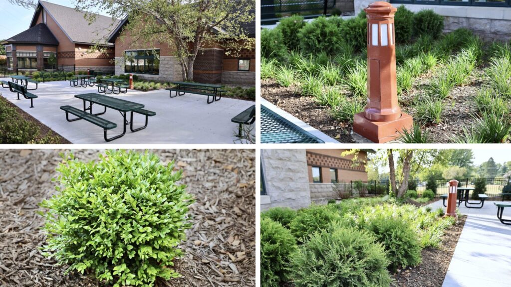 The Harris Branch Youth Courtyard, which borders the Harris Branch Youth Services area, features benches, picnic tables and a freshly manicured landscape.