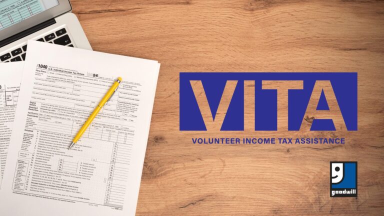 Goodwill logo. A 2024 1040 tax form, pencil and calculator. ‘VITA Volunteer Income Tax Assistance’