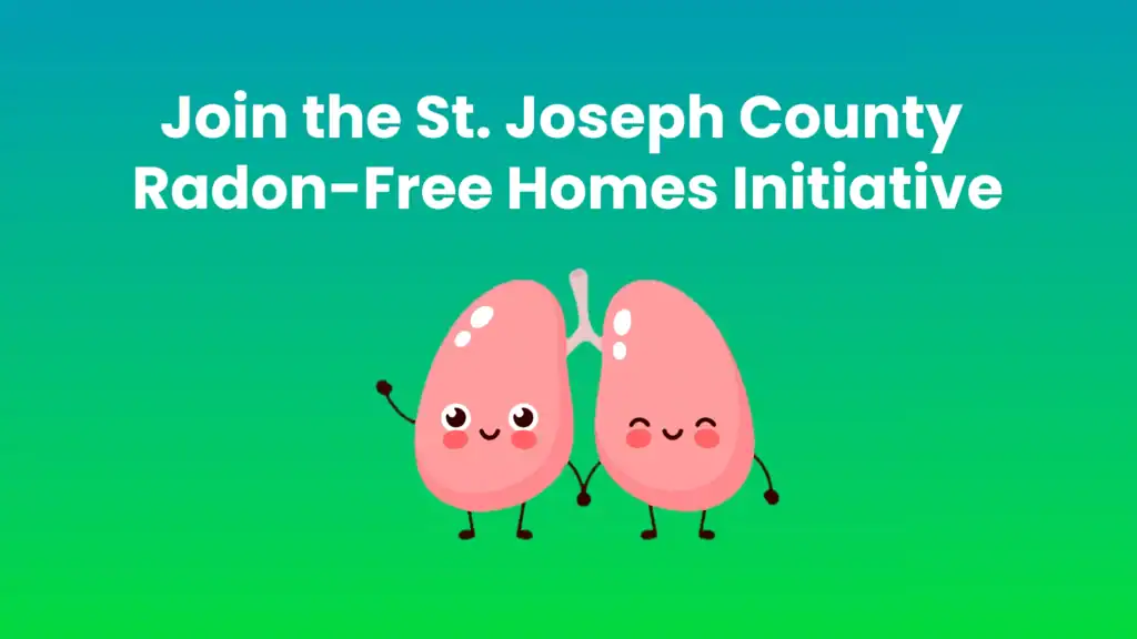 Colorful digital graphic promoting radon-free homes with cartoon lungs holding hands.
