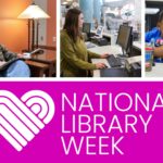 A man in a chair at the library reads the newspaper. A library employee types on a computer. A woman and child put a bingo chip on a bingo card at the library. ‘National Library Week April 6-12'