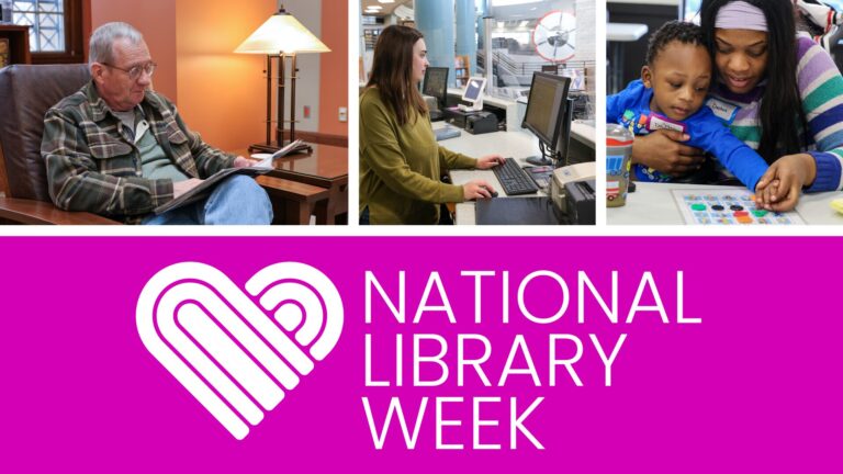 A man in a chair at the library reads the newspaper. A library employee types on a computer. A woman and child put a bingo chip on a bingo card at the library. ‘National Library Week April 6-12'