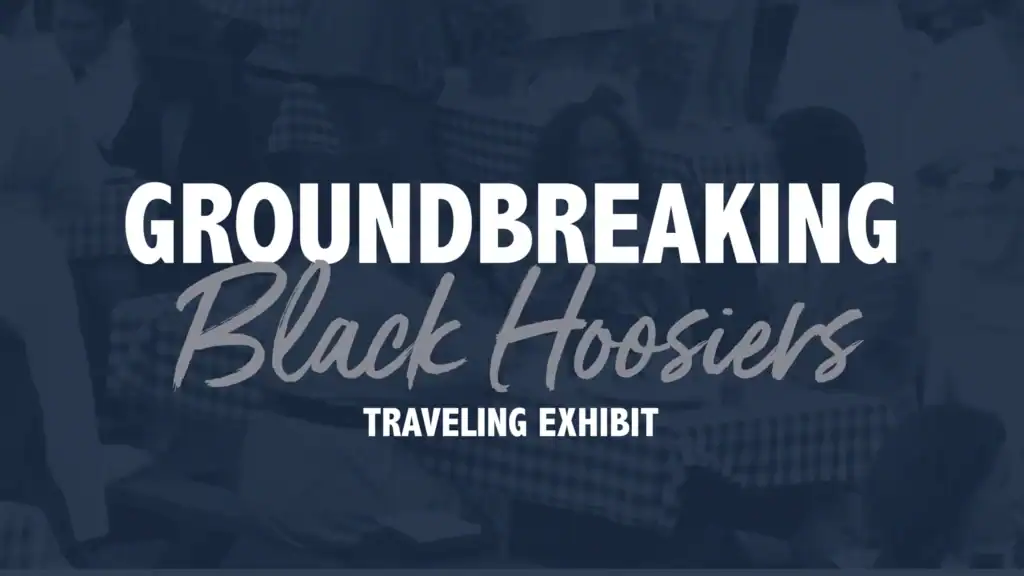 A dark blue banner with white and gray text reads, MPHPL to Host Groundbreaking Black Hoosiers Traveling Exhibit. Faded background shows people seated at tables with checkered tablecloths.
