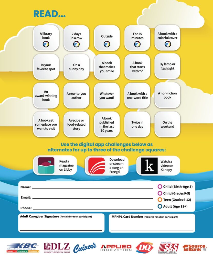 ‘Summer Reading Challenge Mishawaka-Penn-Harris Public Library. June 2 – August 4.'