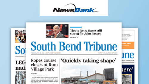 Three South Bend Tribune newspaper front pages overlap, featuring headlines about local news and a photo of a construction site. Above the newspapers is the NewsBank Inc. logo on a light blue background.