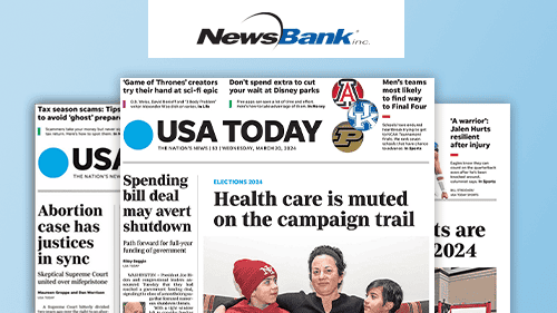 A collage of USA TODAY newspaper front pages with headlines about healthcare, abortion, spending bills, and sports, overlaid with the NewsBank logo at the top.