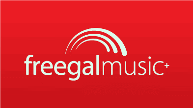 Logo for Freegal Music Plus on a red background, featuring a white arc design above the words freegal music+ in lowercase white letters.