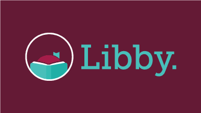 Libby logo featuring an illustrated girl with a red bun reading a teal book inside a white circle, next to the text Libby. on a maroon background.