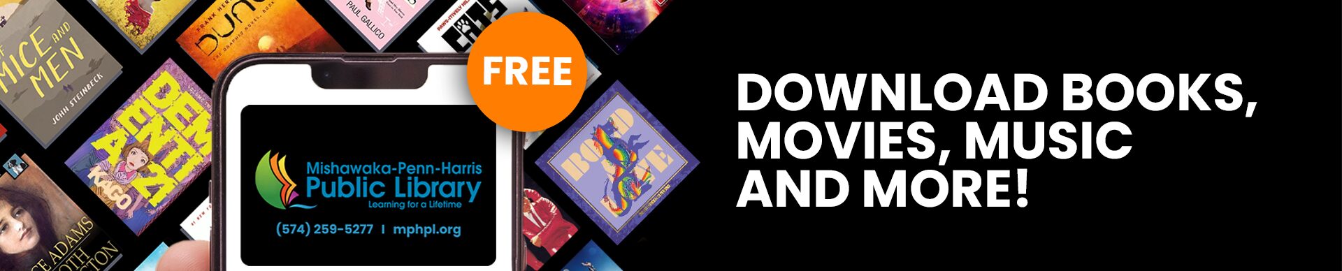 'Download Books,Movies, Music and More' A hand holding an iPhone with a library card on the screen.