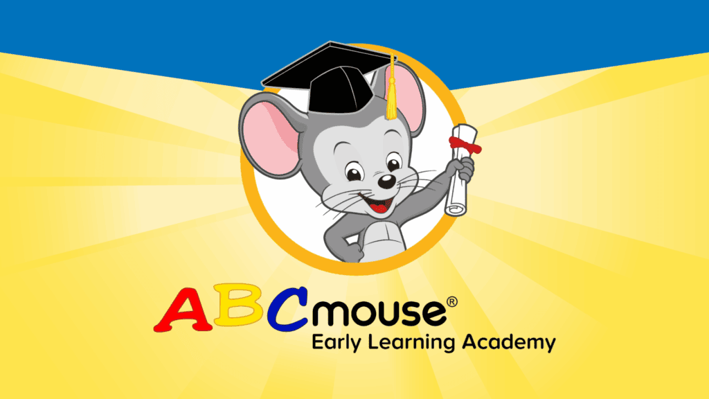 Illustration of a cheerful gray mouse wearing a graduation cap, holding a diploma. ABCmouse logo. 'Early Learning Academy.'