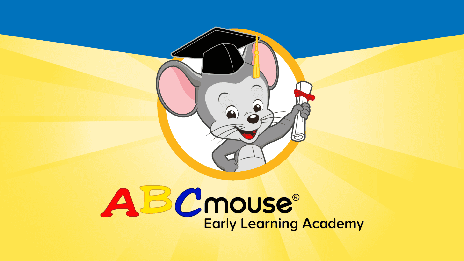 Illustration of a cheerful gray mouse wearing a graduation cap, holding a diploma. ABCmouse logo. 'Early Learning Academy.'