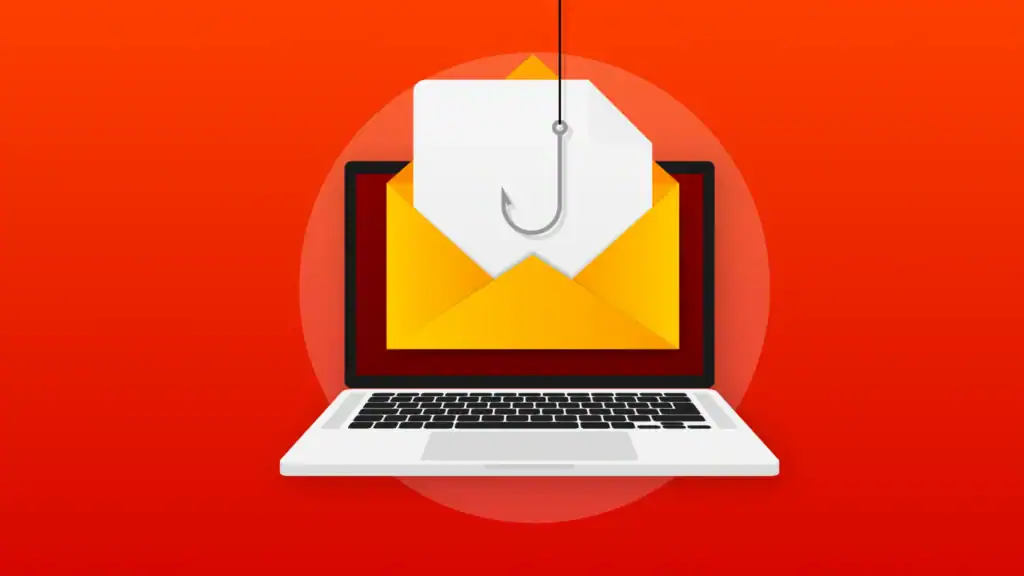Illustration of a laptop with an open envelope on the screen, containing a letter hooked by a phishing hook.