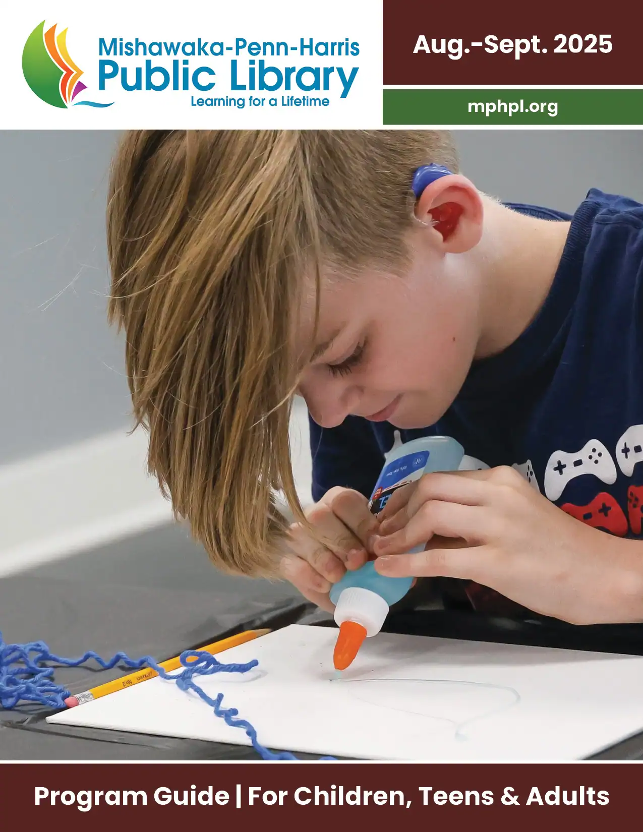 The front cover of the August and September 2025 program guide. "Mishawaka-Penn-Harris Public Library www.mphpl.org Program Guide for Children, Teens and Adults."