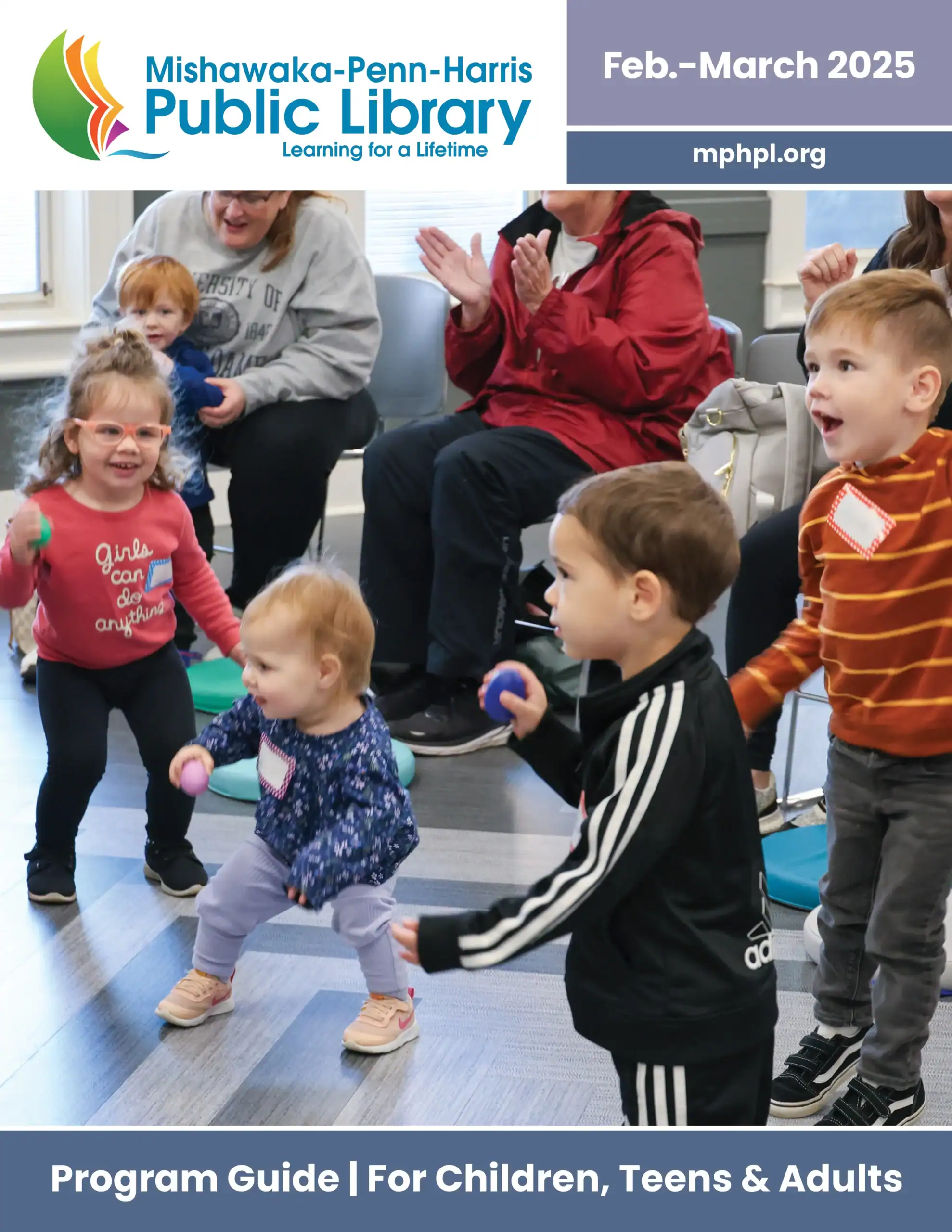 The front cover of the February and March 2025 program guide. "Mishawaka- Penn-Harris Public Library www.mphpl.org Program Guide for Children, Teens and Adults."