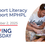 A man reads with a young girl sitting in a chair at the Harris Branch. "Support Literacy, Support MPHPL, December 2, 2025, Giving Tuesday."