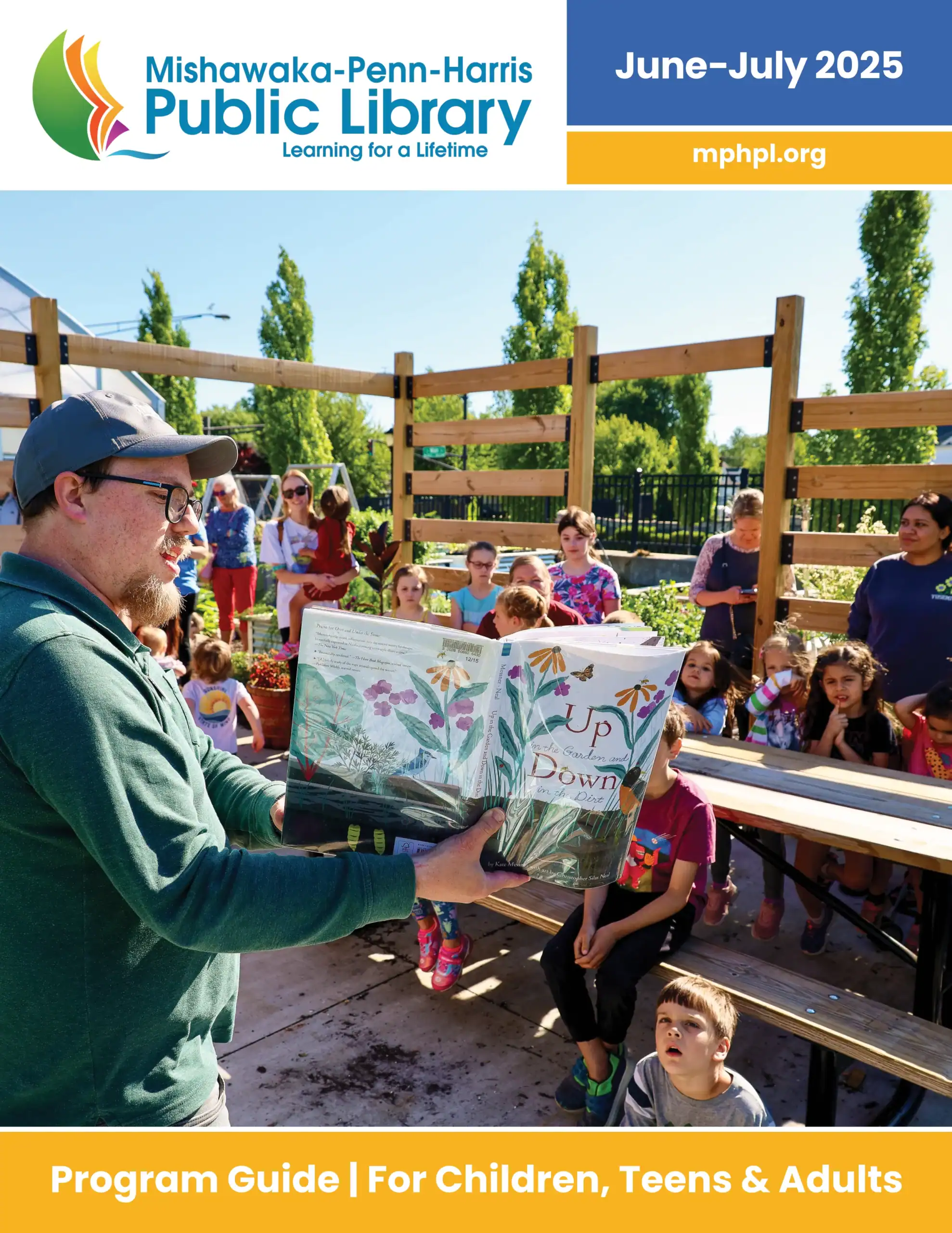 The front cover of the June and July 2025 program guide. "Mishawaka-Penn- Harris Public Library www.mphpl.org Program Guide for Children, Teens and Adults."