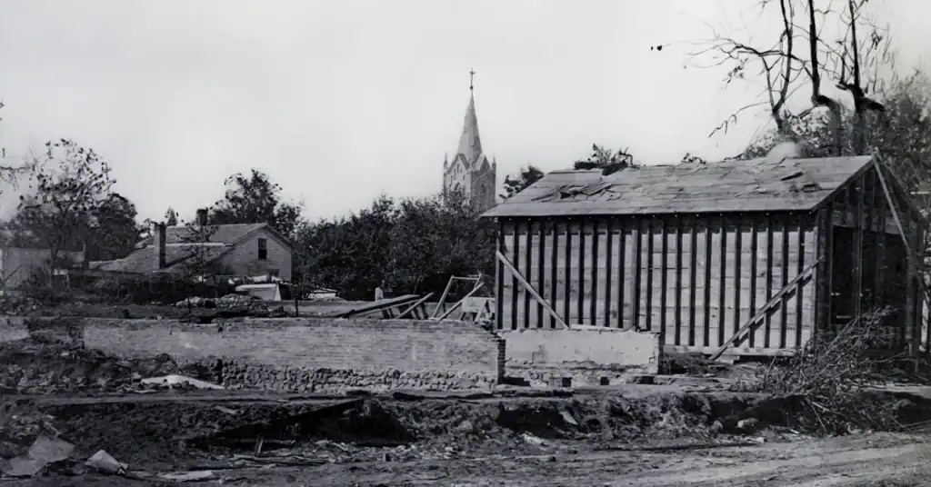 Black and white photograph showing the aftermath of the 1872 fire at the southwest corner of Main Street and Lincolnway West in Mishawaka.