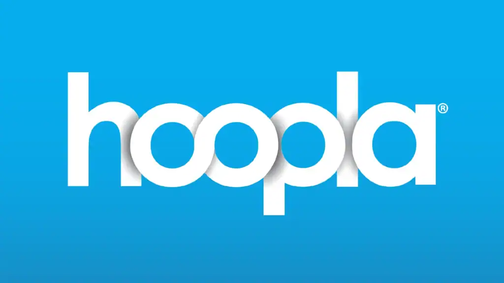 Hoopla logo featuring the word hoopla in bold, white lowercase letters against a bright blue background.