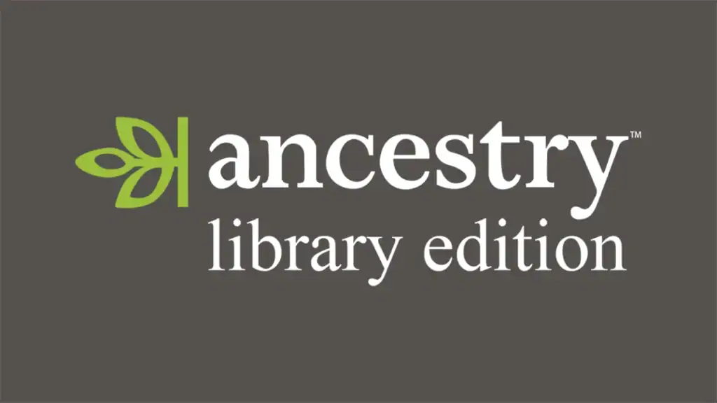 Ancestry logo featuring an illustrated three leafed green tree branch next to the title, under it reads 'library edition'.