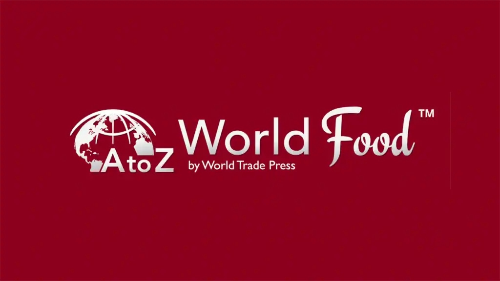 A to Z World Food logo featuring a half globe divided by 'a to z', followed by 'world food' and 'by World Trade Press' below on a dark red background.
