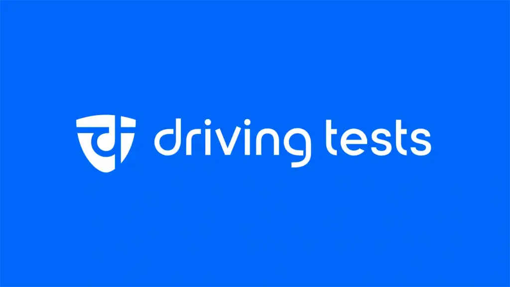 Driving Tests logo featuring a white shield icon with lines and the title in lowercase on a bright blue background.