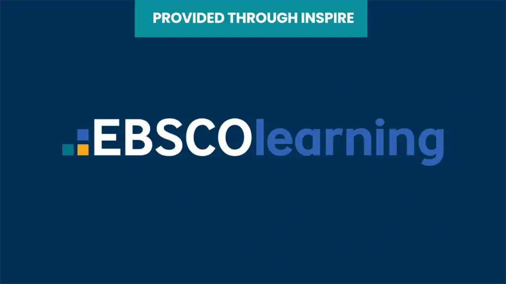 EBSCO Learning logo featuring three small squares organized beside the title, a banner at the top reads 'provided through inspire'.