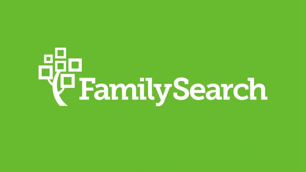 Family Search logo featuring an illustrated tree with hollow squares as the leaves and the title in white on a bright green background.
