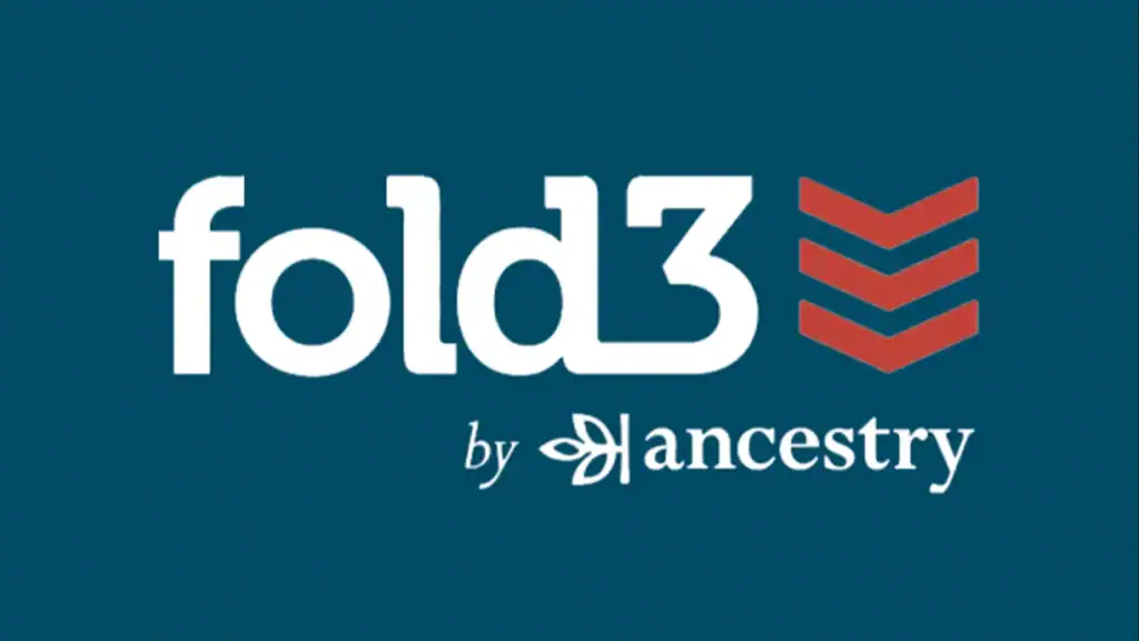 Fold3 logo featuring three red chevrons next to the title and text below reads 'by' with the ancestry logo in white on a dark blue background.