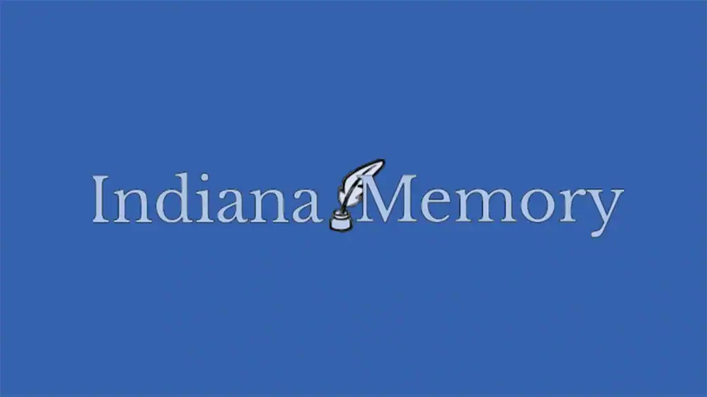 Indiana Memory logo featuring the title in light blue on a dark blue background with a quill and ink illustration between each word.