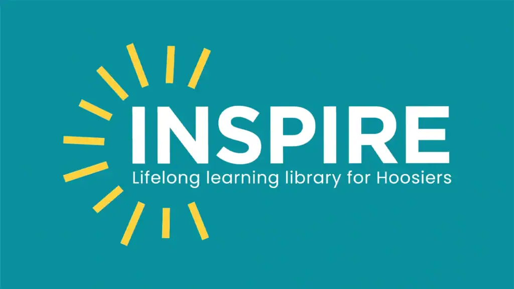 Inspire logo featuring yellow lines evoking a sun's rays surrounding the title, under it reads ‘Lifelong learning library for Hoosiers’.