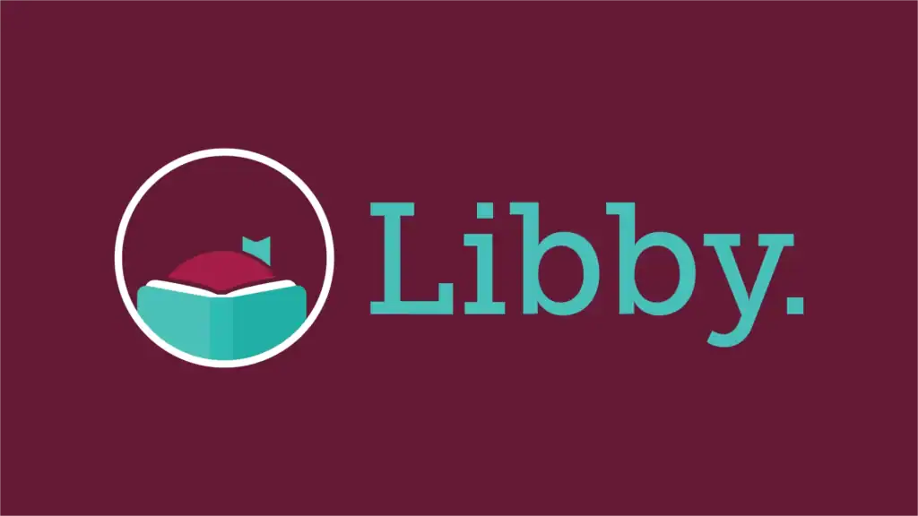 Libby logo featuring an illustrated person reading a teal book inside a white circle, next to the text 'Libby' on a maroon background.