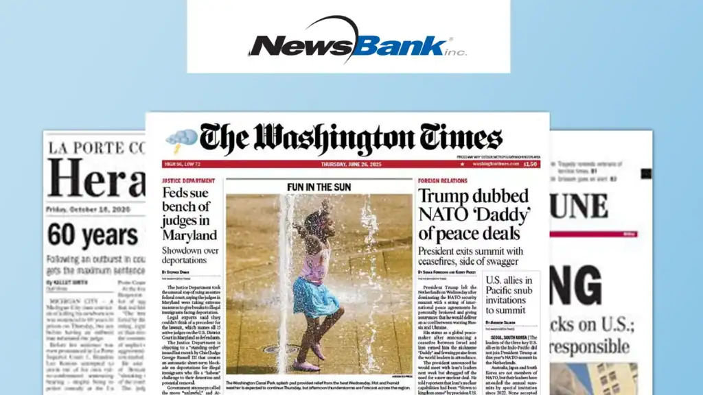 NewsBank Inc. logo on a white banner above front pages of three stacked newspapers, one titled 'The Washington Post' all on a light blue background.