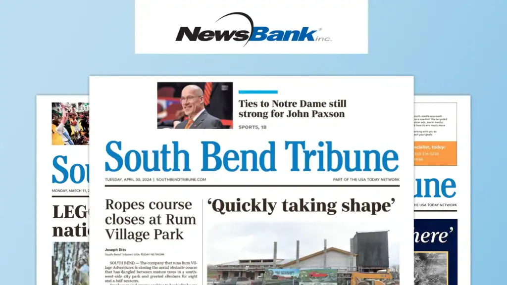 NewsBank Inc. logo on a white banner above front pages of three stacked newspapers, one titled 'South Bend Tribune' all on a light blue background.