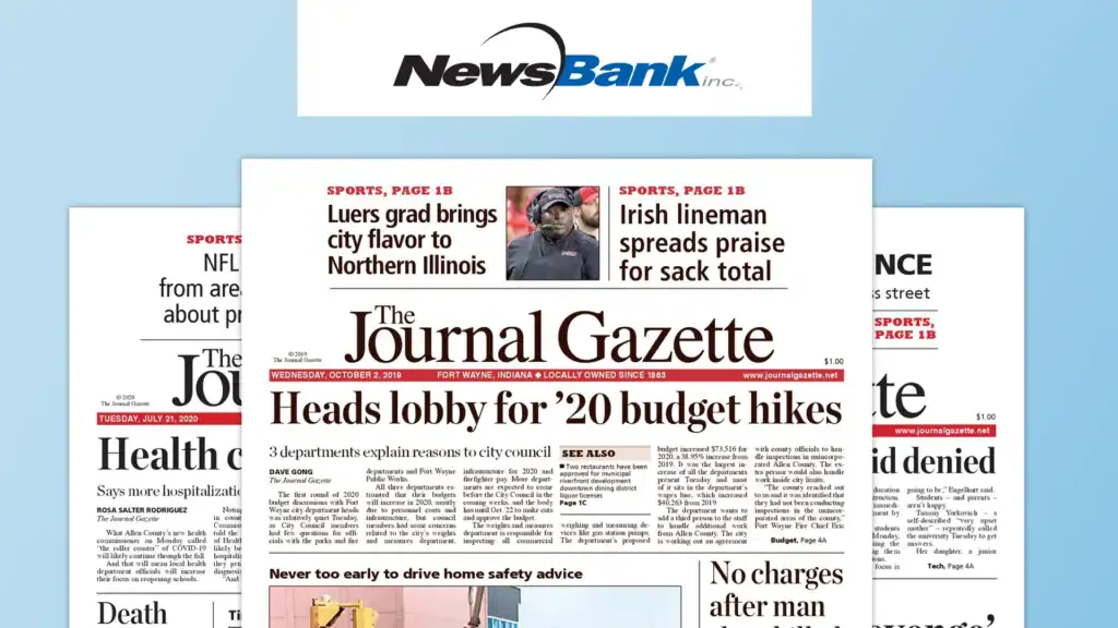 NewsBank Inc. logo on a white banner above front pages of three stacked newspapers, one titled 'The Journal Gazette' all on a light blue background.