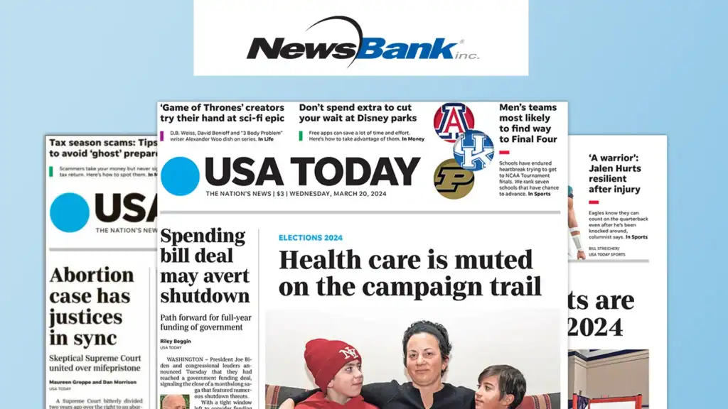 NewsBank Inc. logo on a white banner above front pages of three stacked newspapers, one titled 'USA Today' all on a light blue background.