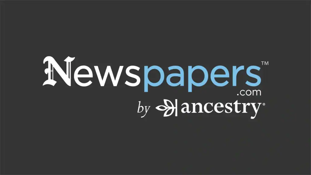 Newspapers logo featuring 'news' in white and 'papers' in blue, text below reads 'dot com by' with the ancestry logo in white.