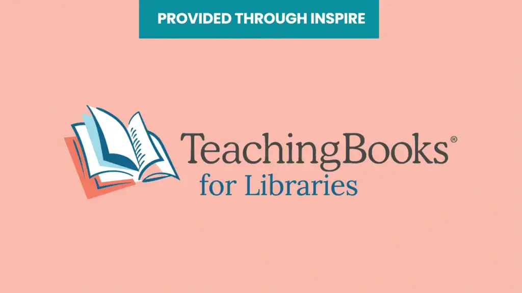 TeachingBooks for Libraries logo featuring an illustrated book next to its title, while 'provided through inspire' displays on a banner at the top.
