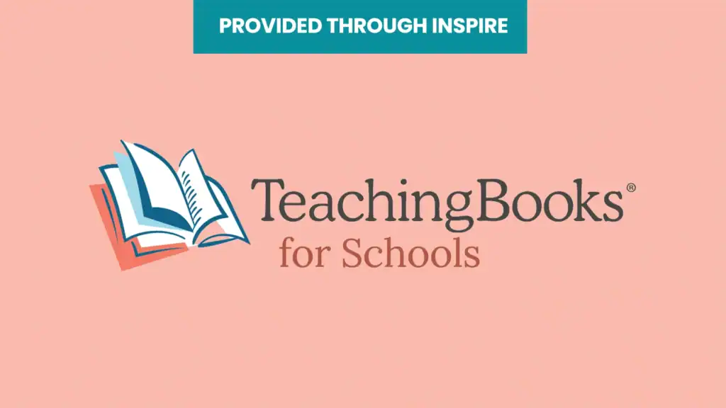 TeachingBooks for Schools logo featuring an illustrated book next to its title, while 'provided through inspire' displays on a banner at the top.