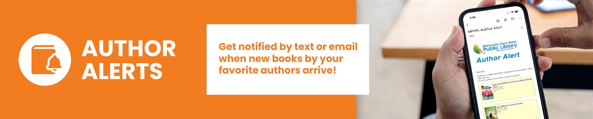 Orange banner with "Author Alerts" text and a bell icon on the left. On the right, a hand holds a phone displaying an author alert email. Bright and informative tone.