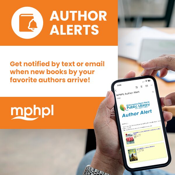 Orange banner with "Author Alerts" text and a bell icon on the left. On the right, a hand holds a phone displaying an author alert email. Bright and informative tone.