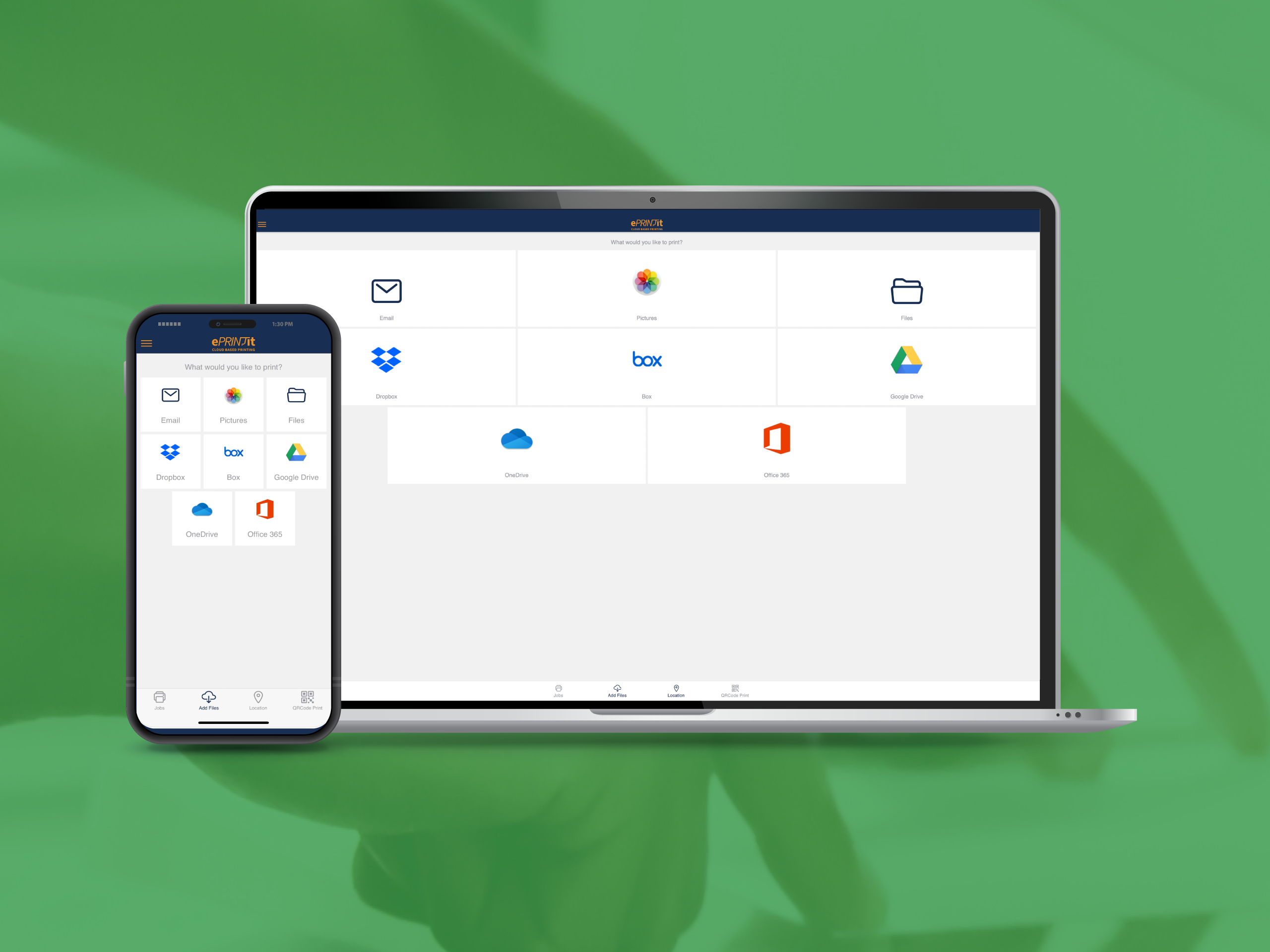 A smartphone and a laptop display a cloud storage management app interface, showing icons for services like Dropbox, Box, Google Drive, OneDrive, and Office 365, against a green background.
