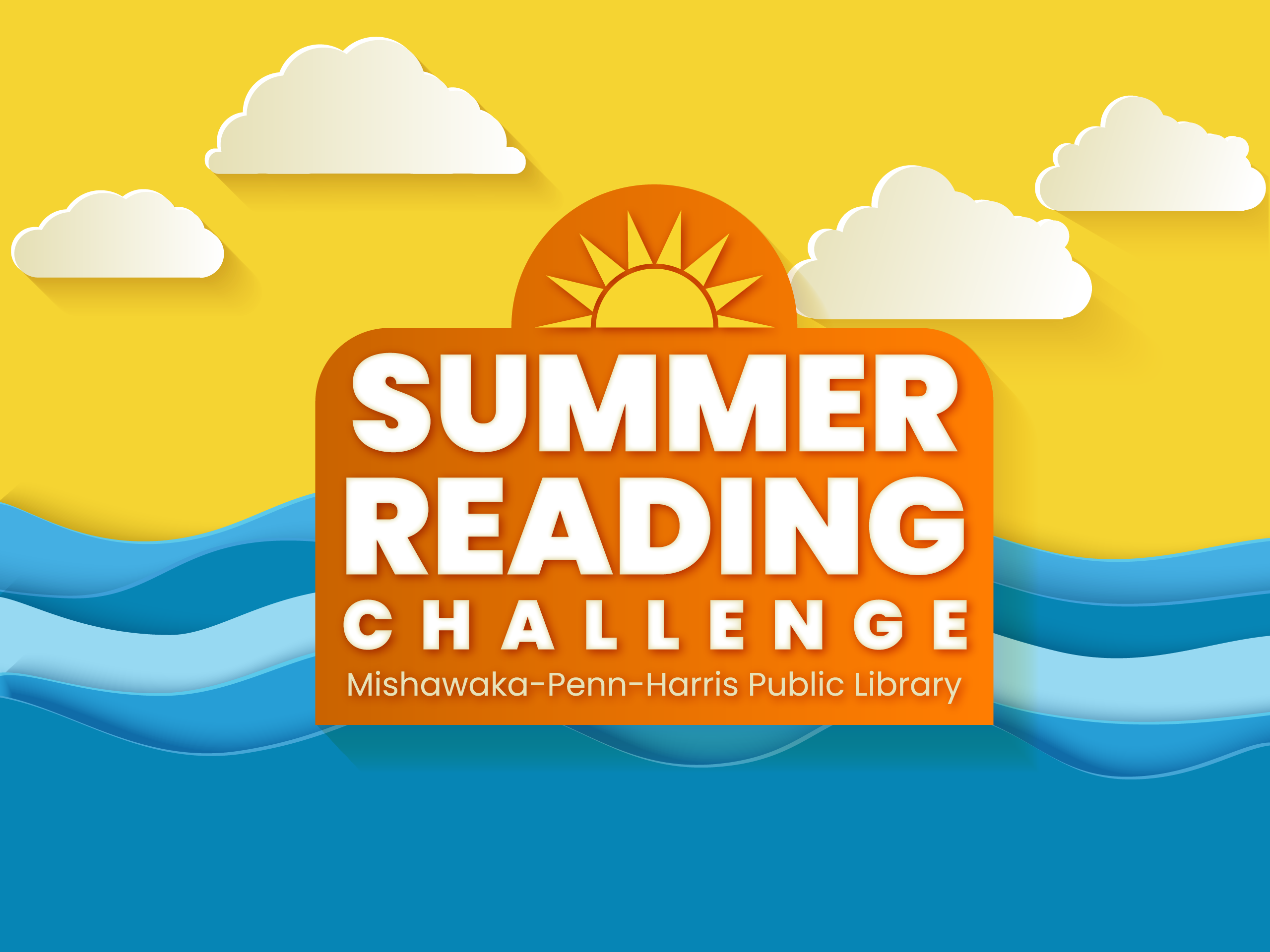 Graphic with clouds, sun, and ocean waves. Bold text reads Summer Reading Challenge with Mishawaka-Penn-Harris Public Library below, promoting a library summer reading event.