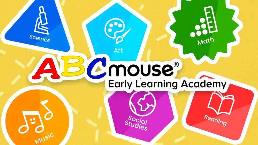 Colorful library icons representing reading, art, math, science, music, social studies for children.