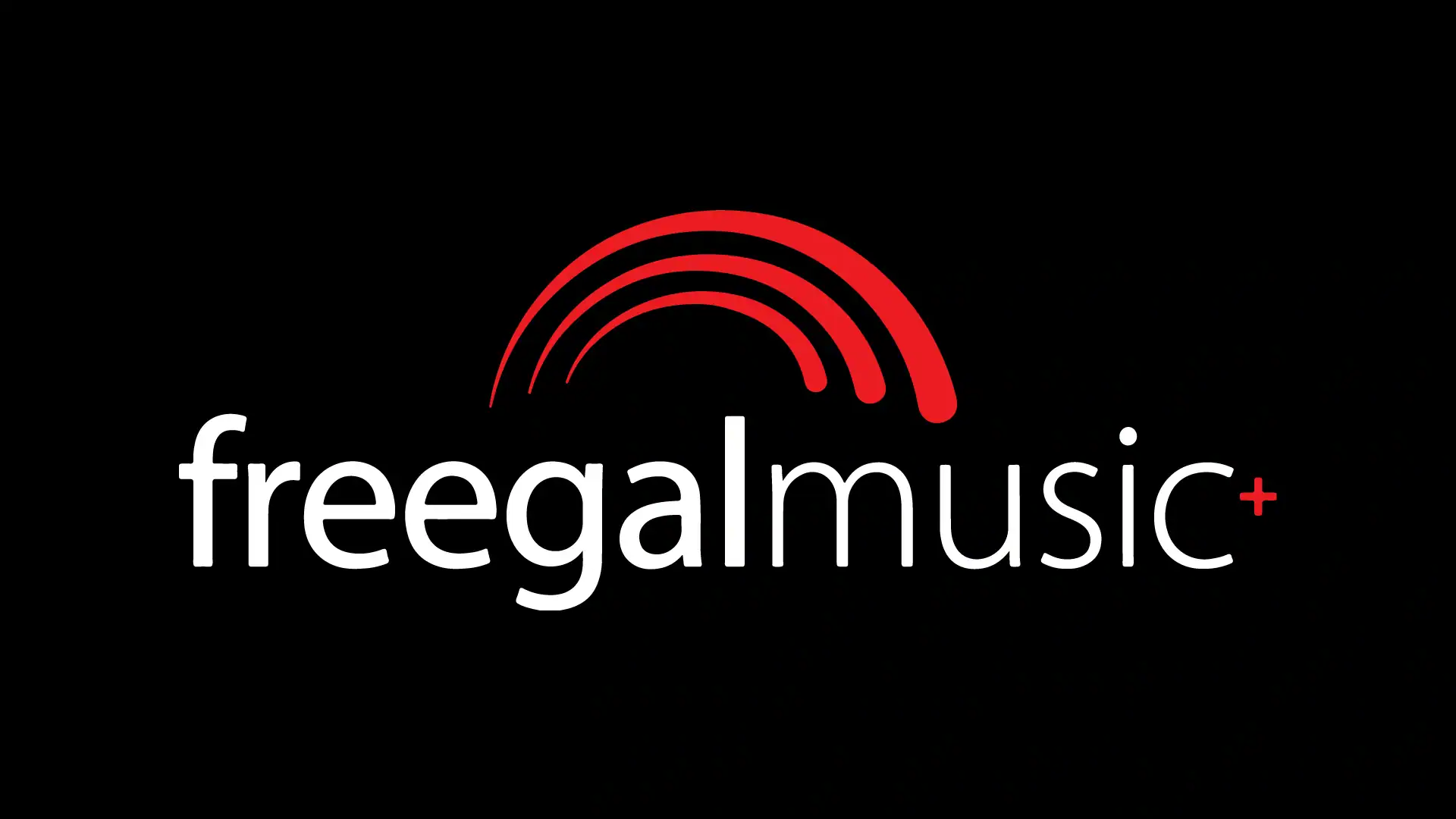 The Freegal Music logo features the words freegal music in white lowercase letters on a black background, with three red curved lines arching above the text and a small red plus sign next to music.